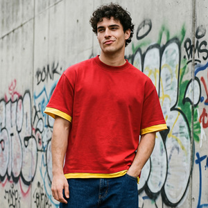 T-shirt Homme Court et Ample Double Couche Personnalisé avec Impression en Relief 100% Coton Écologique Respirant Design Color Block - Product Image 6