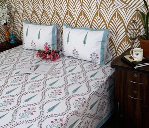 Hand Block Print Floral Cotton Flat Sheet Jaipur Indian Boho Bedding Queen <b>King</b> Handmade <b>Bedspread</b> - Product Image 3