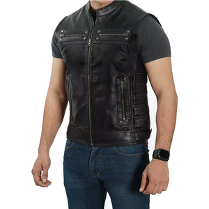 Wholesale <b>Men</b> <b>Leather</b> Vest Real Cowhide Biker Style Zipper <b>Waistcoat</b> Durable Outerwear For Windproof Casual Clothing - Product Image 2