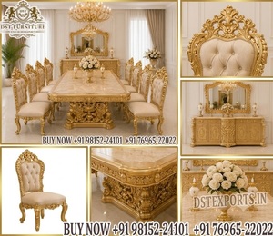 Royal Retro Style Maharaja <b>Dining</b> <b>Table</b> Set Masterpiece Antique Gold Wooden Carved <b>Dining</b> <b>Table</b> <b>with</b> Tufted <b>Chairs</b> for 10 Person - Product Image 6