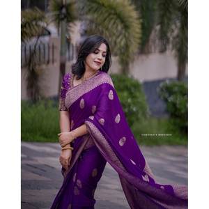 Fancy Banarasi Silk Gold Zari Weaving-Work <b>Saree</b> with Unstitched Blouse in <b>Purple</b> - Product Image 1