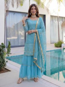 ชุดชาราร่าแบบอินเดียดั้งเดิม ผ้าจอร์เจตต์เนื้อนุ่ม ตกแต่งด้วยงานปักเลื่อมและดิ้นทอง เหมาะสำหรับงานแต่งงาน สำหรับผู้หญิง สวมใส่ในโอกาสพิเศษ - Product Image 3