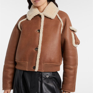 Blouson aviateur en cuir véritable marron pour femme avec col en fourrure, fermeture à boutons, manches longues, style hiver, longueur courte - Product Image 1