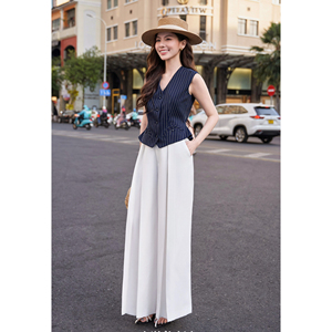 Chaleco de Traje Corto para Mujer, Moderno, Azul Marino, a Rayas, con Cuello en V y Peplum en la Espalda, Casual de Oficina, Poliéster y Spandex, Personalizado HIRA - Product Image 2