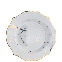 Service de Table de Luxe en Porcelaine Marbrée Style Nordique Élégant Blanc Veineux Doré Assiettes et Bols Bord Festonné 6 Pièces Formel