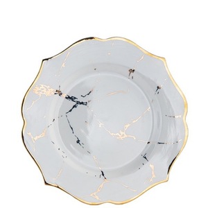 Luxury Marble Porcelain <b>Dinnerware</b> Nordic Style Elegant White Gold Veined Plate Bowl Gold Scalloped Rim formal dining wedding - Product Image 2