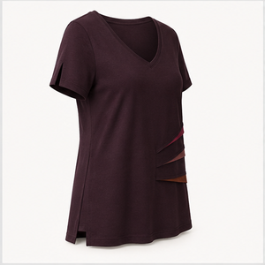 Camiseta de algodón jersey para mujer, diseño envolvente frontal, color amarillo marigold suave, con bloques de color, modelo WTS-0027 - Product Image 4