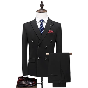 Costume d'affaires croisé pour homme en mélange de laine bleu, col à revers, devant plat, coupe droite, infroissable, tenue formelle - Product Image 2