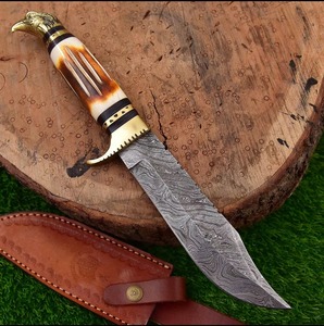 Couteau de chasse artisanal en acier Damas à pointe tombante avec manche en os et pommeau en laiton, lame fixe, couteau de survie pour l'extérieur - Product Image 6