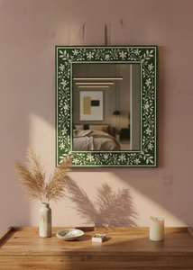 Miroir en os incrusté vert foncé |   Cadre botanique carré |   Miroir décoratif mural de luxe fait main - Product Image 6
