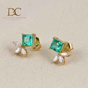 Modern 14KT Solid Yellow Gold Lab Grown Diamond and Colombian <b>Emerald</b> <b>Studs</b> <b>Earrings</b> IGI Certified Stylish Gift Women Jewellery - Product Image 3