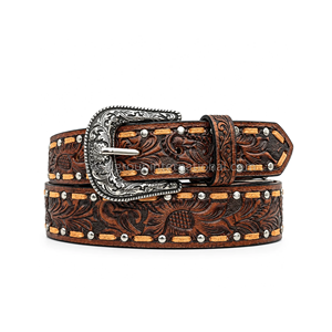 Vintage Western Floral Tooled Leather <b>Belt</b> for Men with Antique <b>Silver</b> Pin <b>Buckle</b> - Product Image 1
