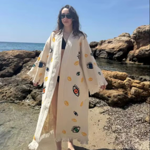 Túnica de Algodón Blanca con Bordado de Ojo Turco, Kaftán Largo de Playa con Diseño de Ojo Malvado para Mujer, Kimono Largo, Lo Mejor en Prendas de Vestir - Product Image 1