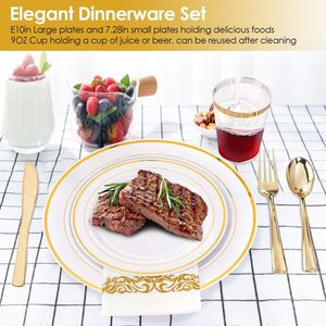 175 pezzi Set stoviglie monouso oro oro bordo oro stoviglie in plastica compresi piatti tazze forchetta cucchiaio coltelli tovaglioli per feste - Product Image 3