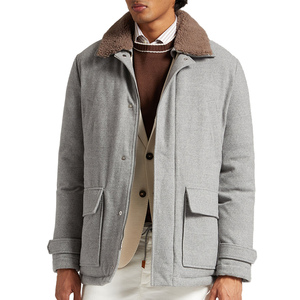 Veste parka en laine pour homme avec col en fourrure, coupe classique, simple boutonnage, manteau d'hiver chaud gris - Product Image 2