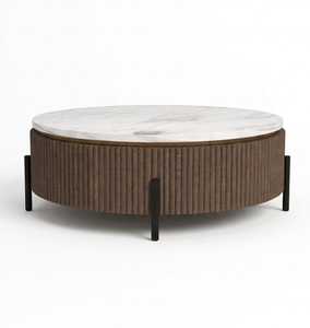 Table basse moderne Nara, plateau rond en marbre, base en bois cannelé et pieds en métal noir, pour salon de luxe, hall d'hôtel - Product Image 1