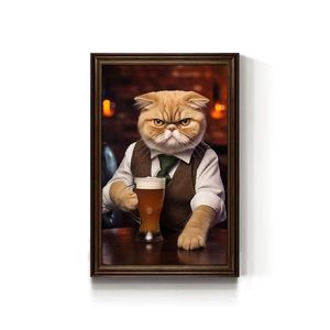 ユーモラスな犬猫アートキャンバスにフレーム付きペット肖像画モダンなバーの壁またはペット店の装飾 - Product Image 1
