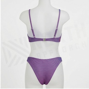 Ensemble bikini rayé pour femme, haut triangle froncé à décolleté plongeant, bas string, maillot de bain extensible - Product Image 2
