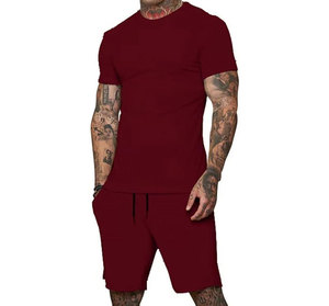 Ensemble décontracté d'été pour homme en coton rouge uni, t-shirt à col rond et short à cordon de serrage, respirant, tricoté, léger, à manches courtes - Product Image 2
