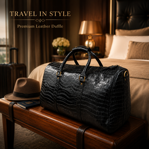 Black Crocodile Embossed Duffle <b>Bag</b> for <b>Men</b> | Luxury Travel Weekender | Large <b>Overnight</b> Carryall with Shoulder Strap, Handles - Product Image 2
