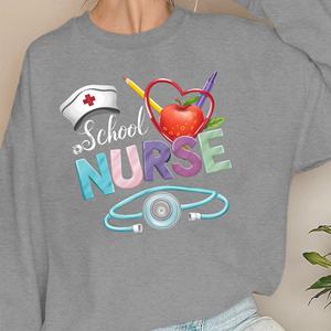 Sweat-shirt pour infirmière scolaire femme, imprimé stéthoscope, 100 % polyester, col rond décontracté, vêtement d'automne, tissu tricoté 320g, transfert thermique - Product Image 3