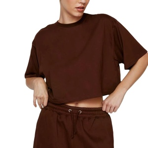 Brown Cropped T-Shirt with Matching Shorts <b>Set</b> Casual <b>Knitted</b> Solid Color Short Sleeve Women's Outfit Spandex/Cotton Breathable - Product Image 1