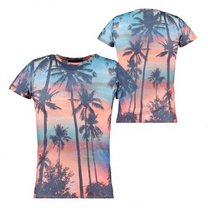 T-shirt à manches courtes pour homme, col rond, motif palmier et coucher de soleil, sublimation, polyester, coupe décontractée, motif photo, respirant, tricoté - Product Image 1