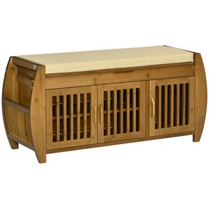 Panca per scarpe marrone ingresso in bambù con cuscino portapacchi laterali a 3 porte e scomparto nascosto per lo stoccaggio del corridoio di casa - Product Image 1