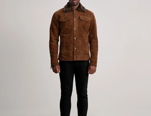 Veste en cuir suédé marron pour homme, col rabattu, fermeture à boutons, doublure en fausse fourrure, style décontracté d'hiver, coupe classique - Product Image 3