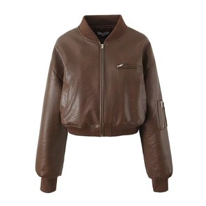 Blouson bomber en cuir véritable pour femme, fermeture éclair courte, col rabattu, manches longues, style automne - Product Image 3