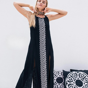 Robe longue bohème noire pour femme, style débardeur à franges, en coton, fendue, sexy, style festival, imprimé tribal, pour le yoga et les occasions festives - Product Image 1