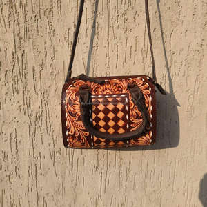 Sac de voyage mini Speedy en cuir véritable 100% de luxe, sac de week-end de haute qualité, motif floral vintage gravé, motif à carreaux - Product Image 3