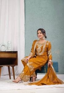 Collection traditionnelle pakistanaise et indienne, ensemble de 3 pièces, broderie lourde, soie chinnon, salwar kameez, motifs fantaisie purs, séchage rapide pour les fêtes - Product Image 2