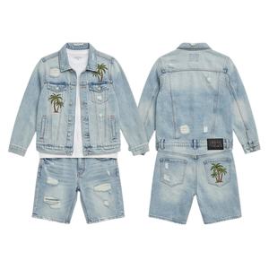 ชุดเซ็ตเสื้อเชิ้ตแขนยาวปักลายเดนิมและกางเกงขาสั้นสองชิ้นแฟชั่นใหม่คุณภาพสูงสำหรับผู้ชายสไตล์สตรีทแวร์ฤดูร้อน - Product Image 1