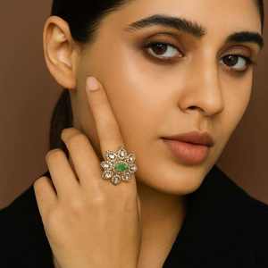 Cocktail <b>Ring</b> Design In Gajaah 925 <b>Silver</b> With Green <b>Emerald</b> And Polki Diamond Gold Plated Statement <b>Ring</b> Floral - Product Image 1