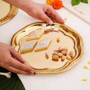 Gold Polished Metal Irregular Shape Serving <b>Plate</b> with Beaded Rim Decorative Thali Platter For Wedding Party Decor - Product Image 1