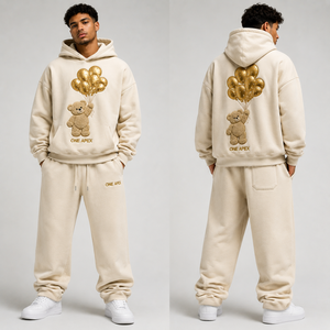 Ensemble de survêtement unisexe de luxe en molleton avec sweat à capuche et pantalon de jogging brodés motif ours en peluche crème surdimensionné – OEM ODM - Product Image 2