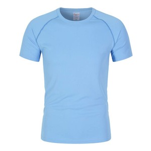 T-shirt pour homme à manches courtes bleu clair, coupe ajustée, séchage rapide, col rond, tricoté en polyester, couleur unie, vêtements de marque personnalisés - Product Image 1