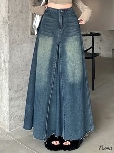 Jupe longue en jean taille haute pour femme, coupe trapèze, couleur unie, boutonnée sur le devant, décontractée, coupe ample, en tissu de coton délavé, style printemps - Product Image 6