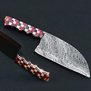 Couteau de chef serbe artisanal en acier Damas avec manche en bois multicolore, couteau professionnel pour boucher et découpe de viande - Product Image 3