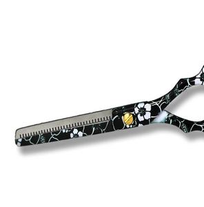 Ciseaux de coiffure professionnels pour salon, ensemble de ciseaux à effiler, lames en acier inoxydable, pour droitiers, motif floral noir, légers, à lame creuse - Product Image 4