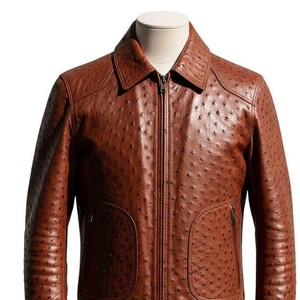 Veste en cuir d'autruche marron gaufré pour homme, style motard, fermeture éclair, col rabattable, vêtement d'hiver, personnalisation disponible - Product Image 4
