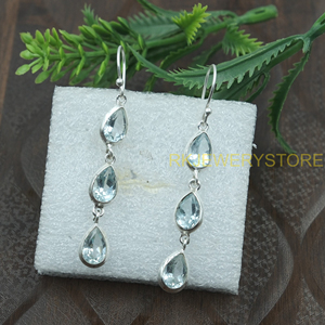Boucles d'oreilles pendantes en argent sterling 925 avec topaze bleue en forme de poire, faites à la main, bijoux pour femmes, cadeau pour maman, petite amie - Product Image 5