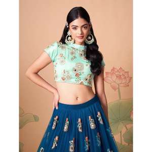 Espectacular Dove Blue Mirror Work Net Event Wear Lehenga Choli - Product Image 4