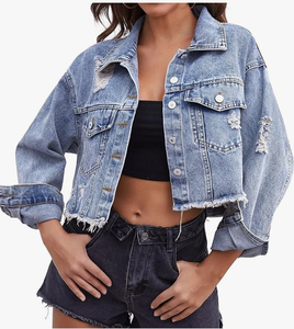 Women's Distressed Denim Jacket Cropped Vintage Formal Style <b>Button</b> Front Solid Color Windproof Breathable Eco-Friendly - Product Image 1