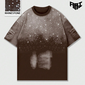 Custom Stylish <b>Rhinestone</b> Streetwear Mens Shirts Manufacturer Wholesale Washed 100% Cotton Casual Crewneck <b>Top</b> Clothing Apparel - Product Image 1