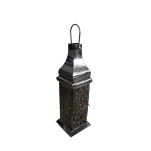 Lanterne à bougie en métal argenté avec panneau en verre mosaïque, dôme gravé, poignée et cadre en fer, décoration de centre de table - Product Image 1
