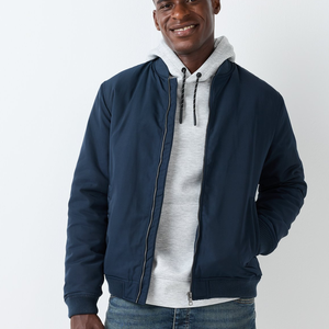 Blouson Bomber Homme Bleu Marine Col Rond Fermeture Éclair Coupe-Vent à Capuche Décontracté Coupe Ample en PU Couleur Unie Printemps - Product Image 5