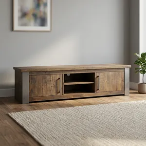 Mueble de TV de Madera Maciza Industrial, Consola Multimedia de 2 Puertas, Estructura de Metal Rústico, Mueble de Televisión para Sala de Estar - Product Image 6