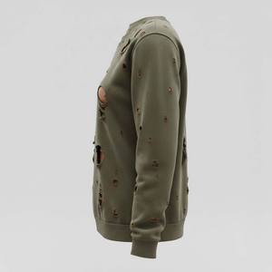 Sudadera de invierno con estampado desgastado estilo grunge Y2K, con agujeros, color verde oliva, estilo urbano, posapocalíptico - Product Image 3